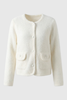 Cardigan : Women's White Knitted Round Neck Cardigan, Long Sleeves in White One Size van Vanda Liamo