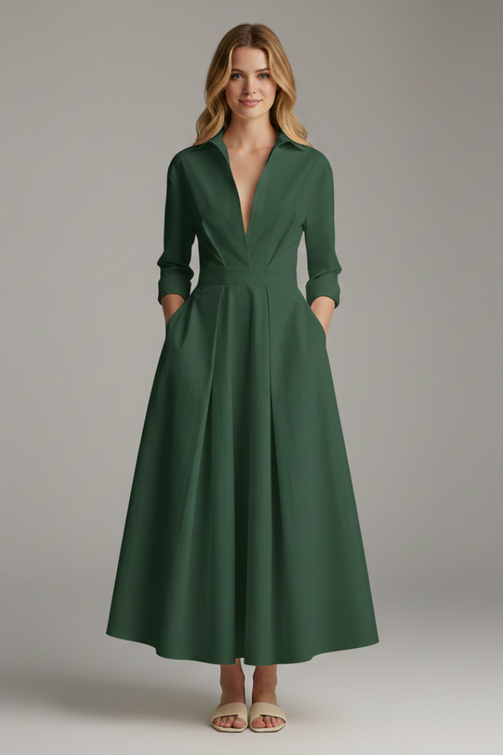 Dress : Women's Midi Dress with Defined Waist in Green van Vandaliamo