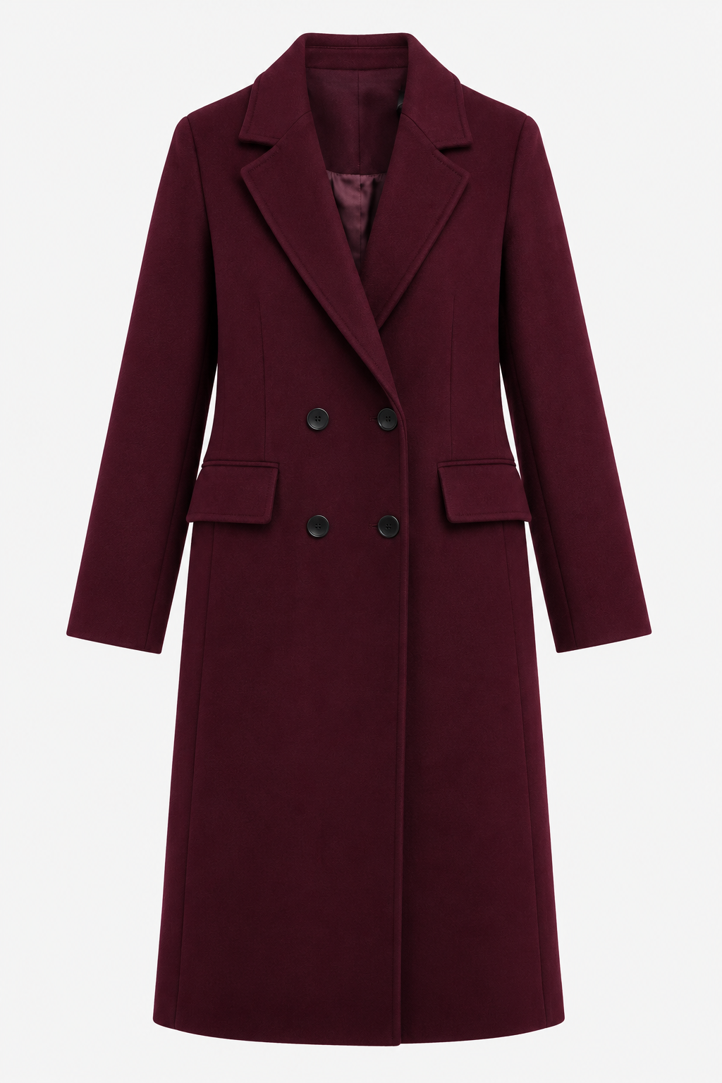 Coat : Women's Burgundy Long Coat with Double-Breasted Button Closure in Burgundy van Vanda Liamo