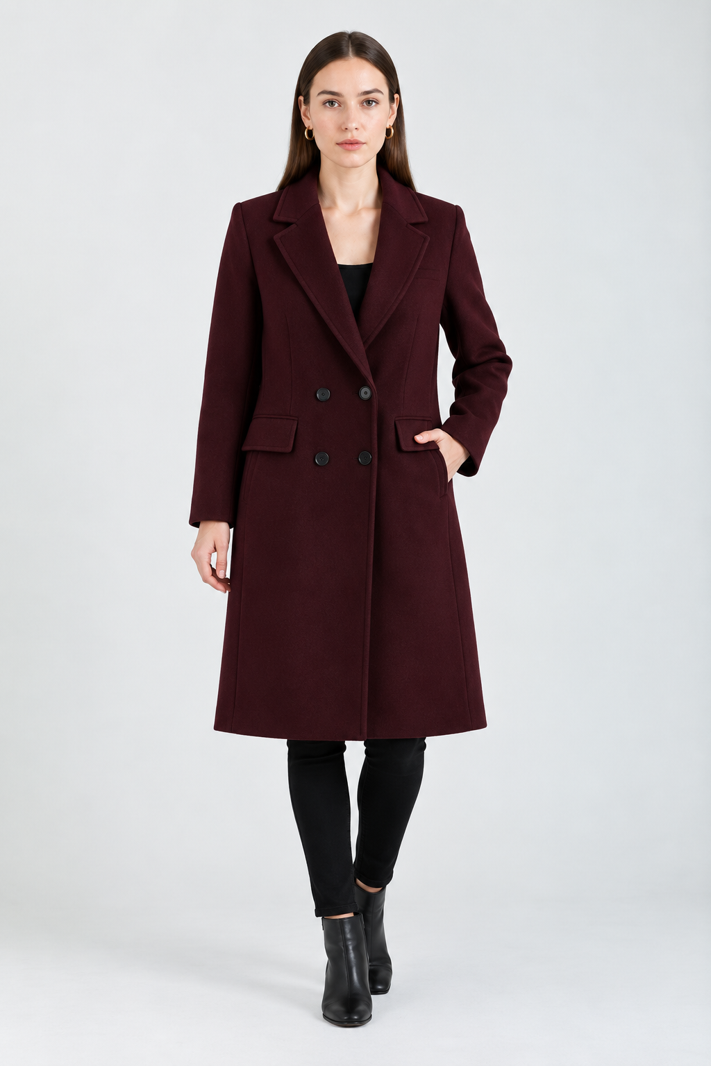Coat : Women's Burgundy Long Coat with Double-Breasted Button Closure in van Vanda Liamo