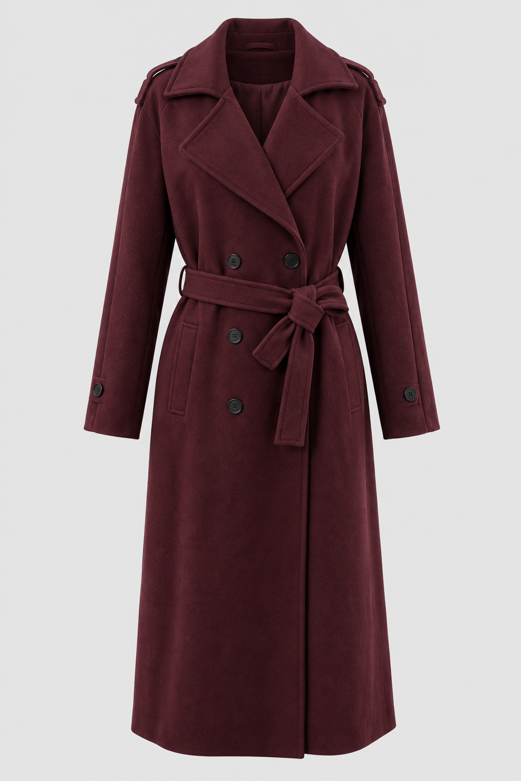 Damen langer Trenchcoat aus bordeauxrotem Wollmischgewebe mit Gürtel & Taschen  