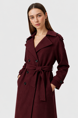 Women's Burgundy Wool Blend Long Trench Coat with Belt & Pockets