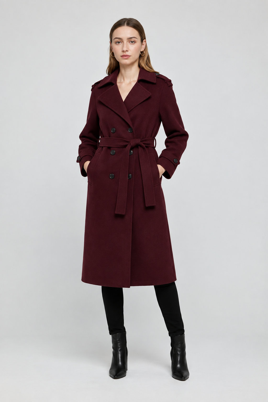 Damen langer Trenchcoat aus bordeauxrotem Wollmischgewebe mit Gürtel & Taschen  