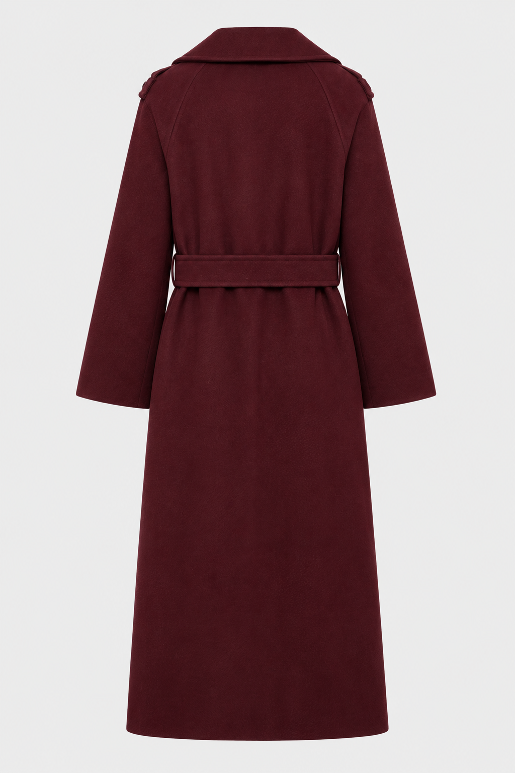 Women's Burgundy Wool Blend Long Trench Coat with Belt & Pockets