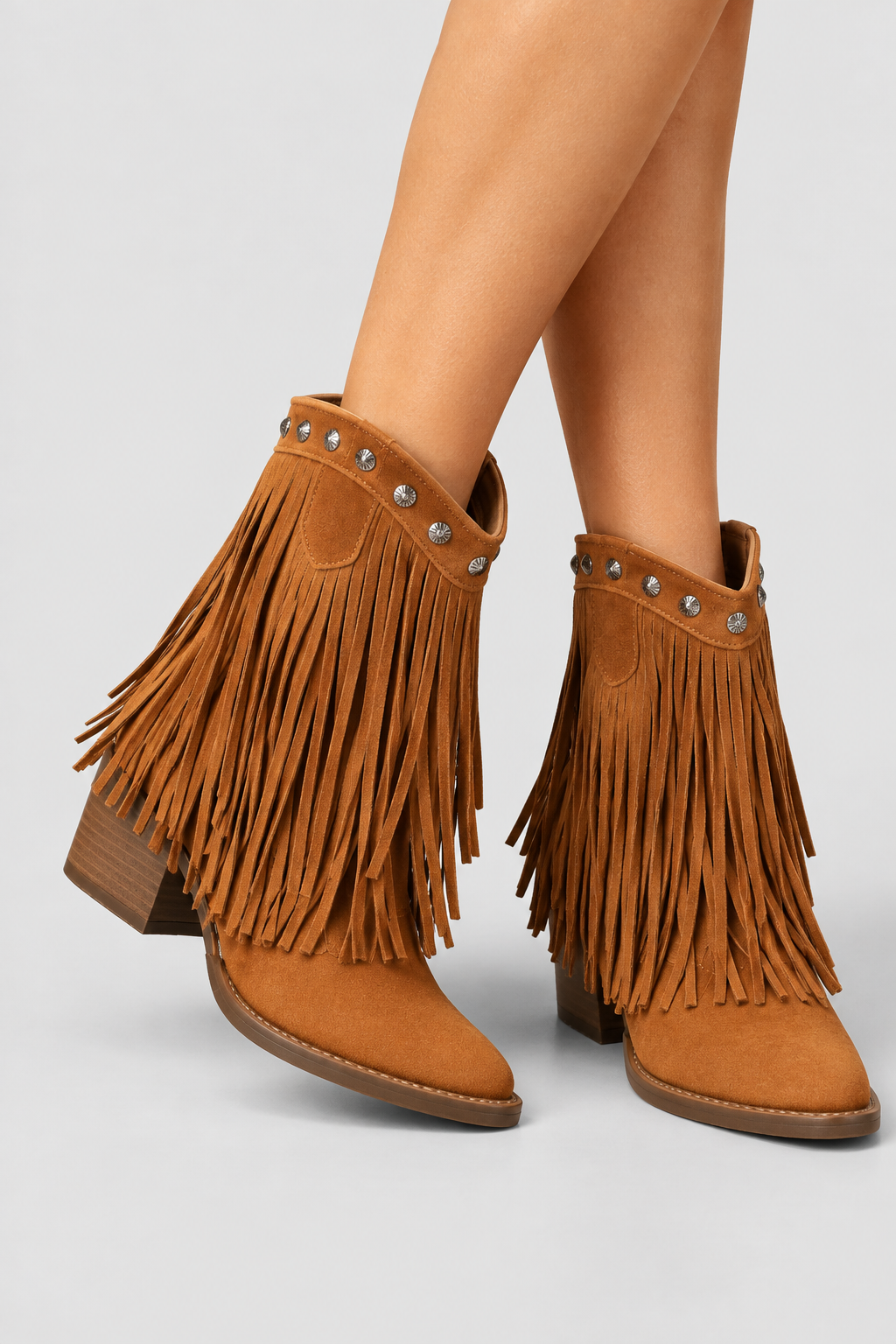 Women’s Cognac Fringed Western Ankle Boots - Tan Pointed Toe Cowboy Booties
