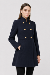Dames marineblauwe double-breasted winterjas van wolmix