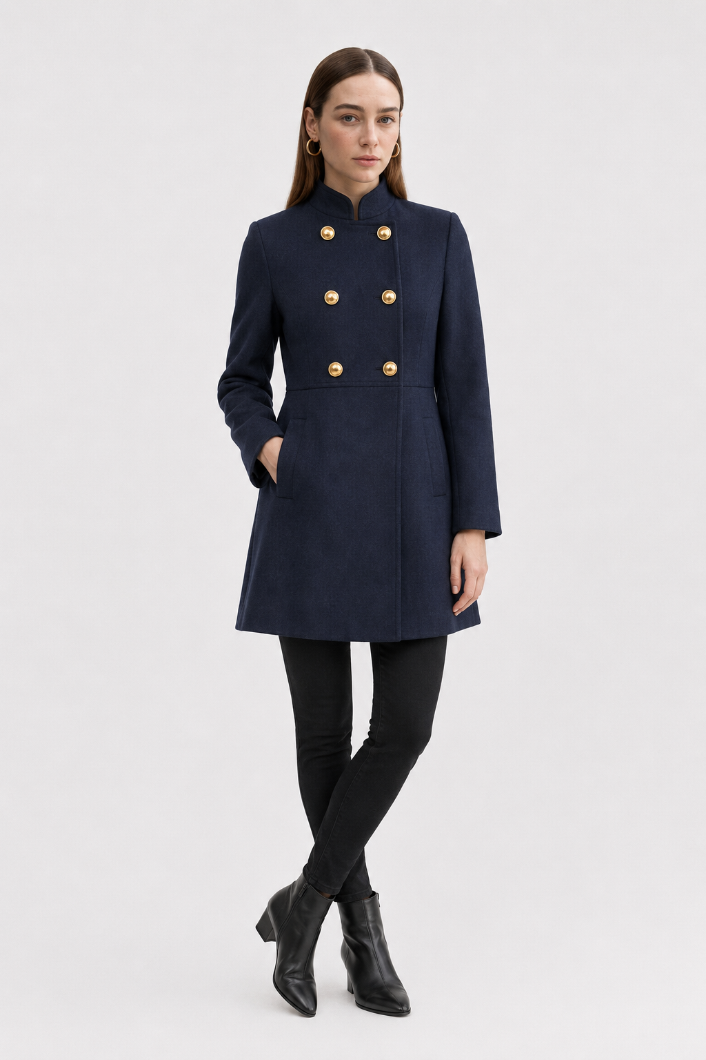 Coat : Women's Navy Blue Double-Breasted Wool Blend Winter Coat in van Vanda Liamo