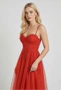 Women's Rust Chiffon Midi Dress with Corset Bodice & Ruffle Trim - Premium Quality, Fast Shipping
