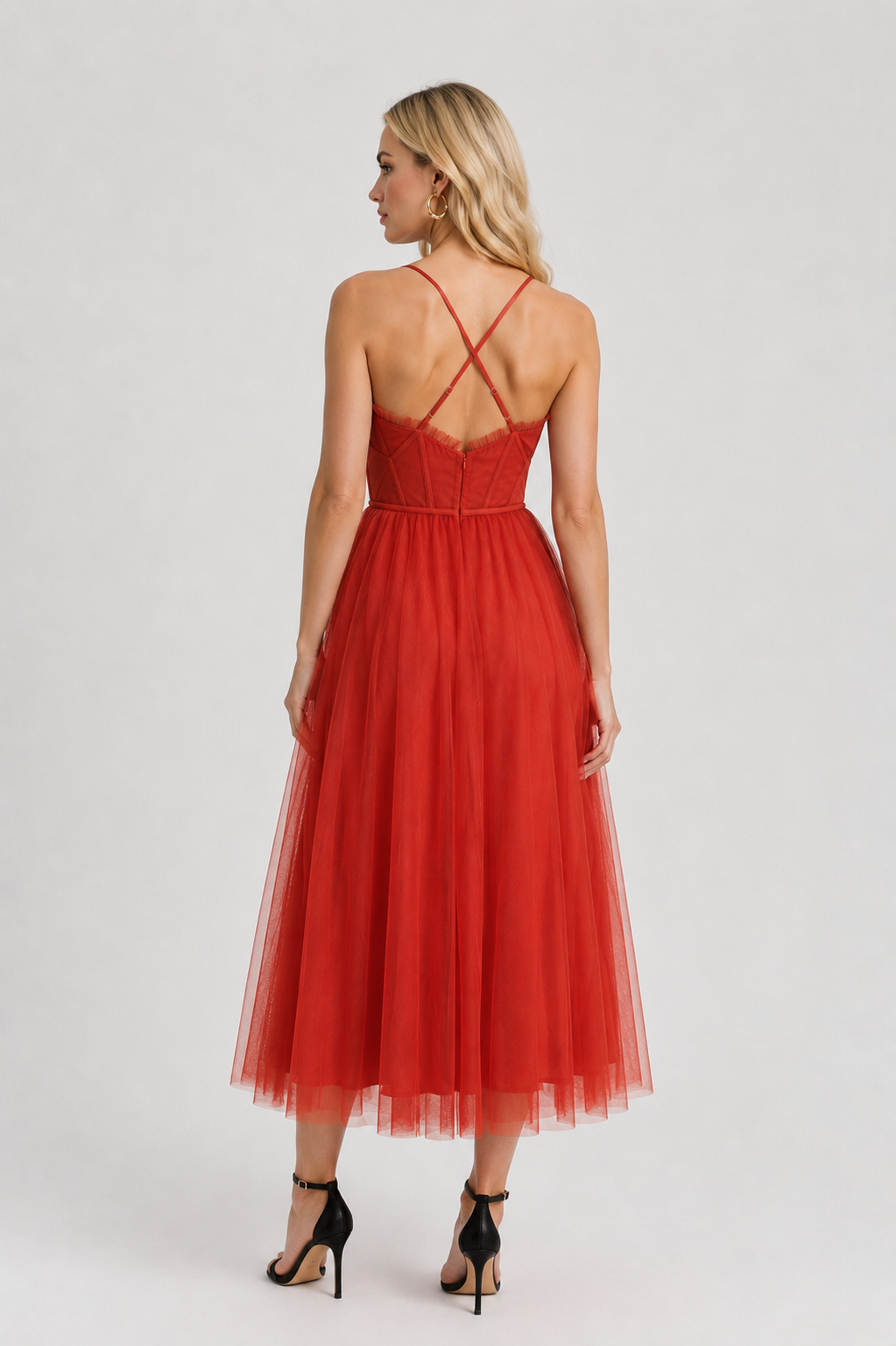 Dresses : Women's Rust Chiffon Midi Dress with Corset Bodice & Ruffle Trim - Premium Quality, Fast Shipping in van Vanda Liamo