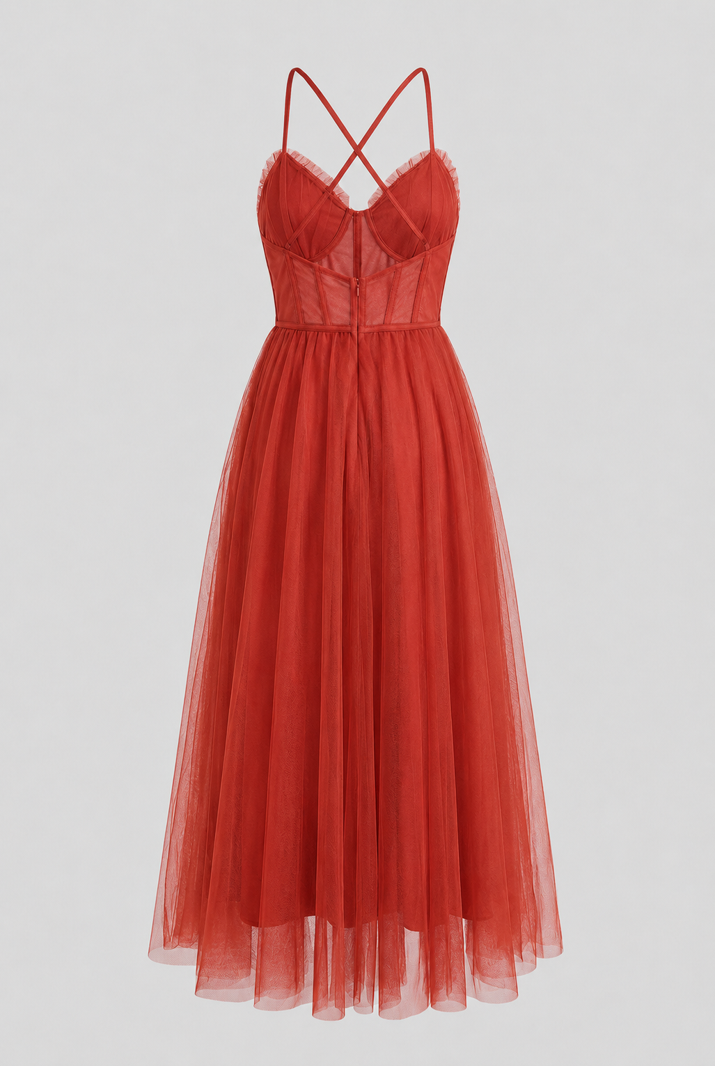 Dresses : Women's Rust Chiffon Midi Dress with Corset Bodice & Ruffle Trim - Premium Quality, Fast Shipping in van Vanda Liamo