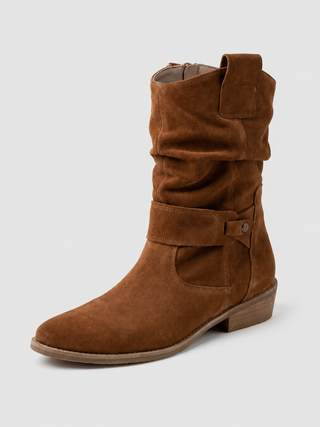 Women's Tan Suede Retro Ankle Boots with Classic Block Heel