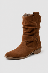 Women's Tan Suede Retro Ankle Boots with Classic Block Heel