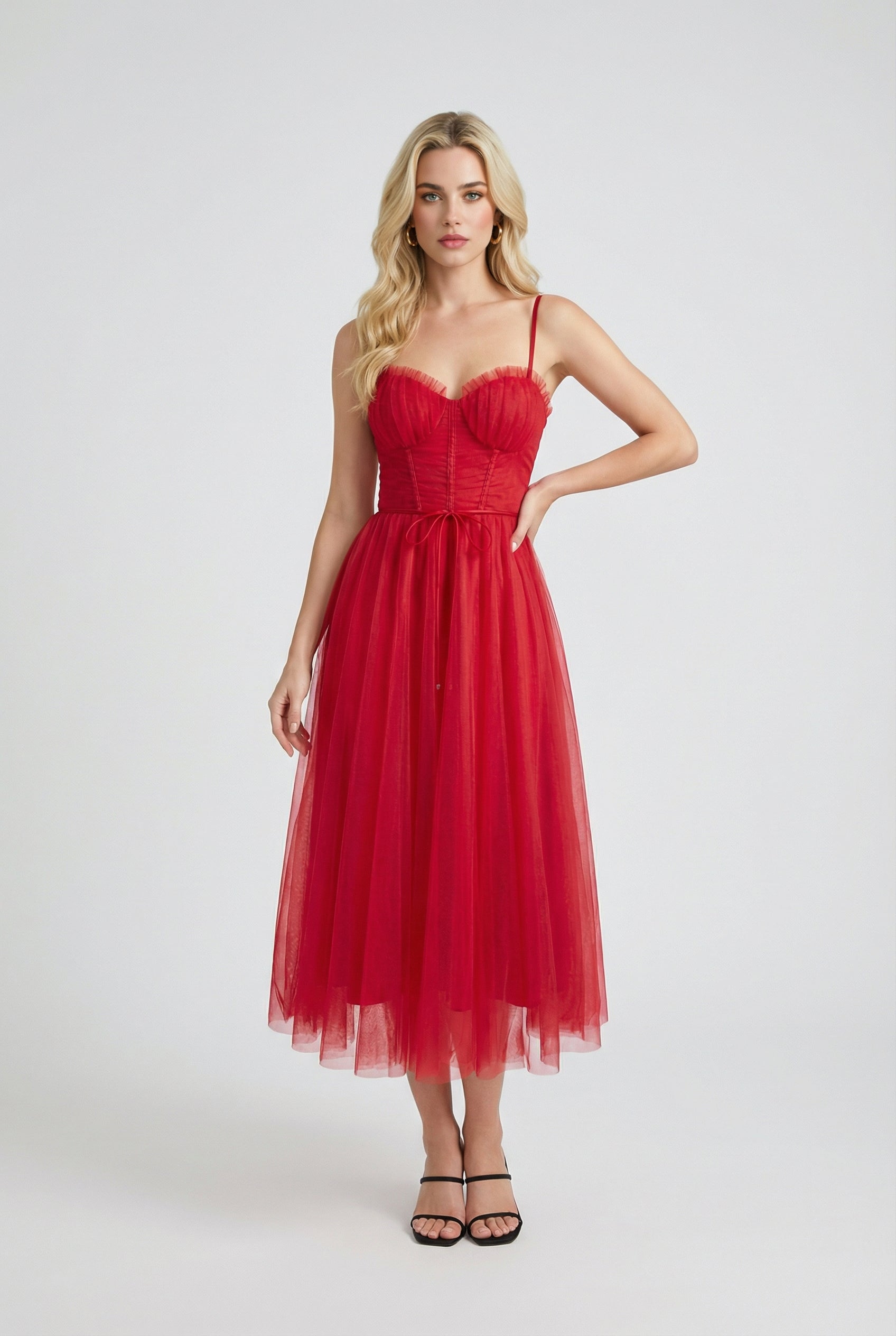 Dresses : Women's Red A-Line Midi Dress with Pockets - Perfect for Parties & Casual Wear in van Vanda Liamo
