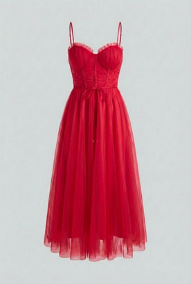 Dresses : Women's Red A-Line Midi Dress with Pockets - Perfect for Parties & Casual Wear in Red van Vanda Liamo