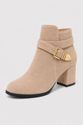 Women’s Beige Buckle Block Heel Ankle Boots
