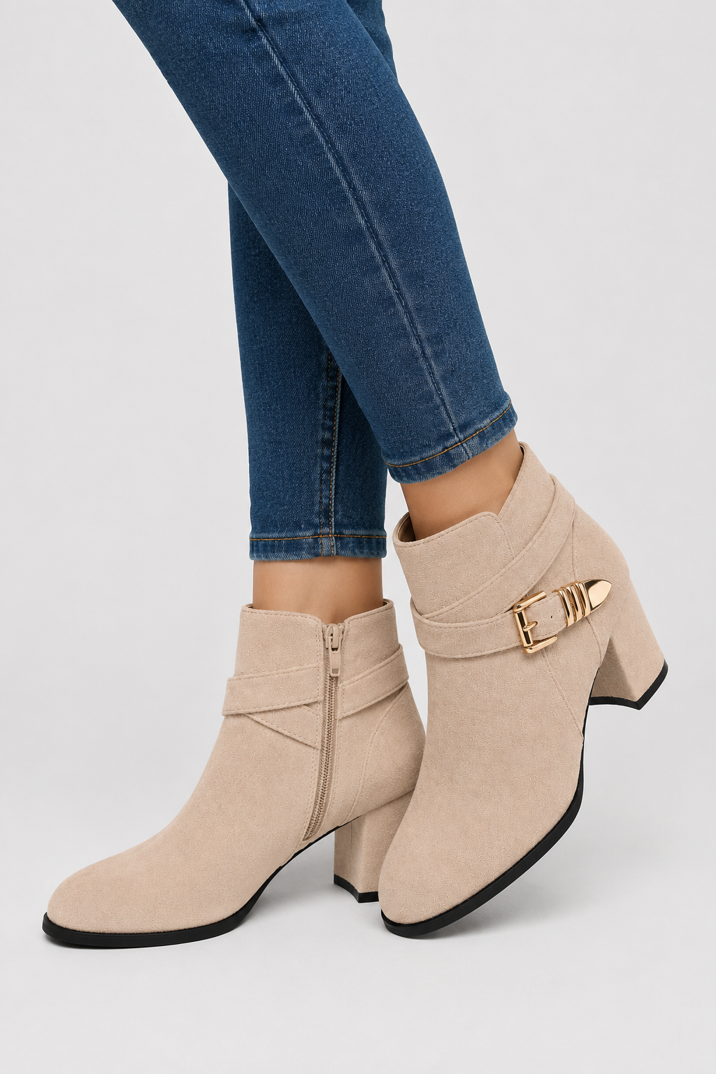 Women’s Beige Buckle Block Heel Ankle Boots
