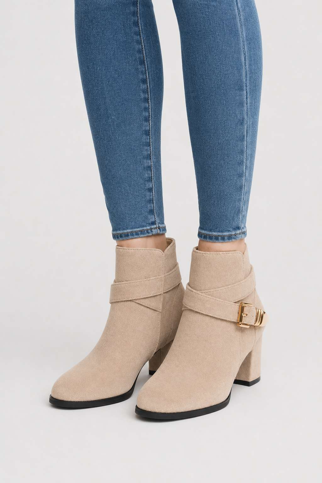 Women’s Beige Buckle Block Heel Ankle Boots