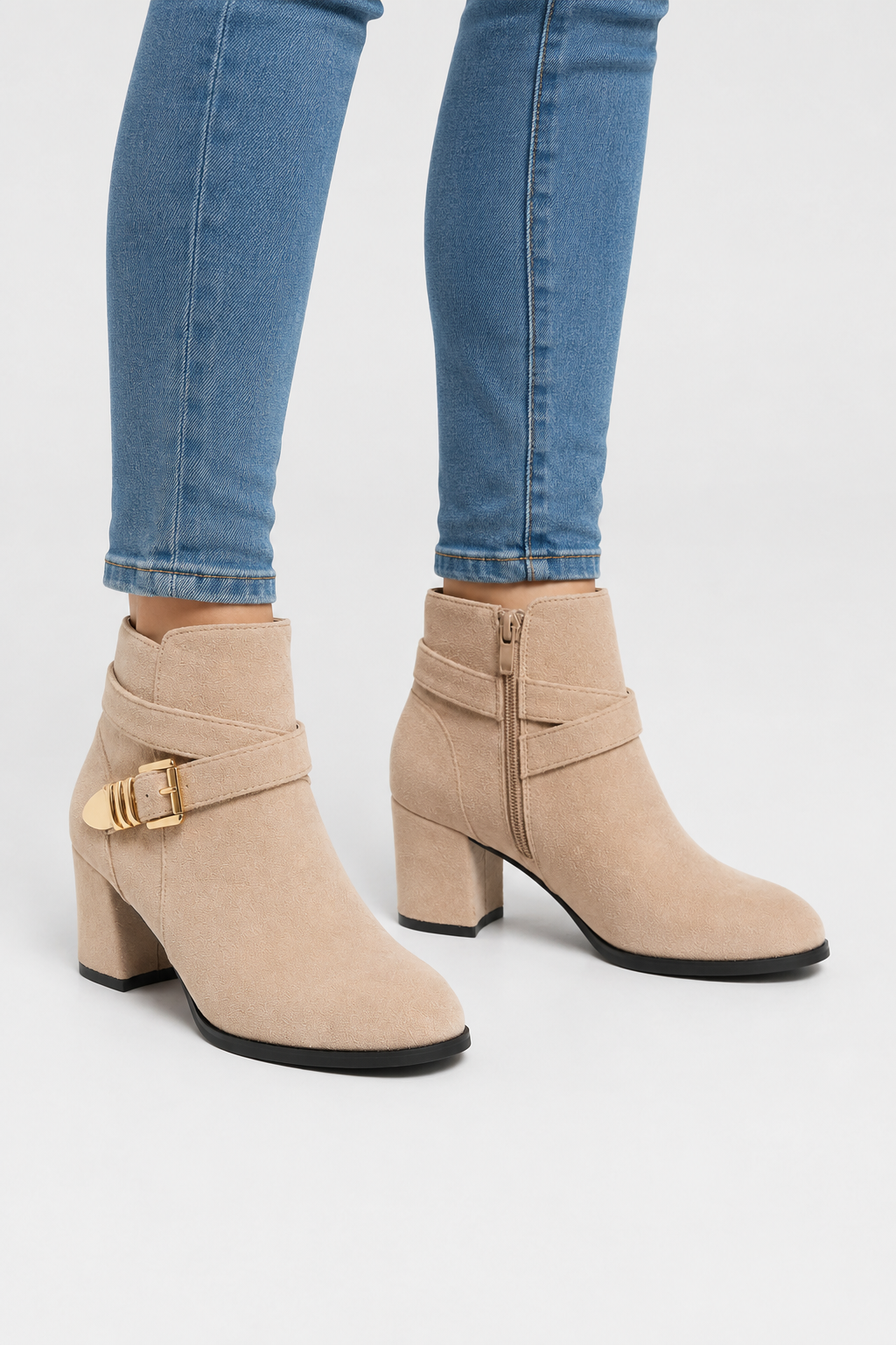 Women’s Beige Buckle Block Heel Ankle Boots