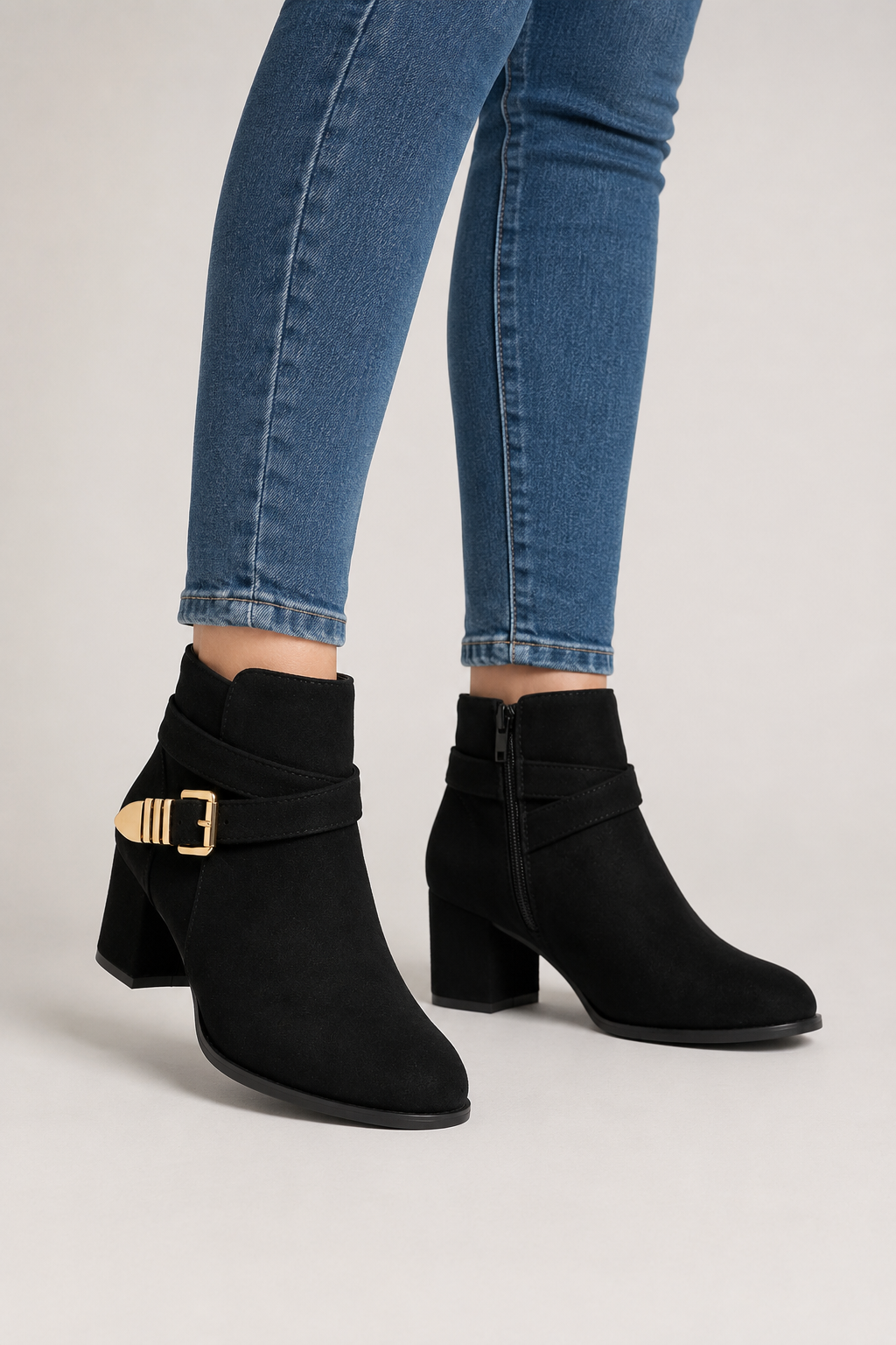 Women’s Black Buckle Block Heel Ankle Boots