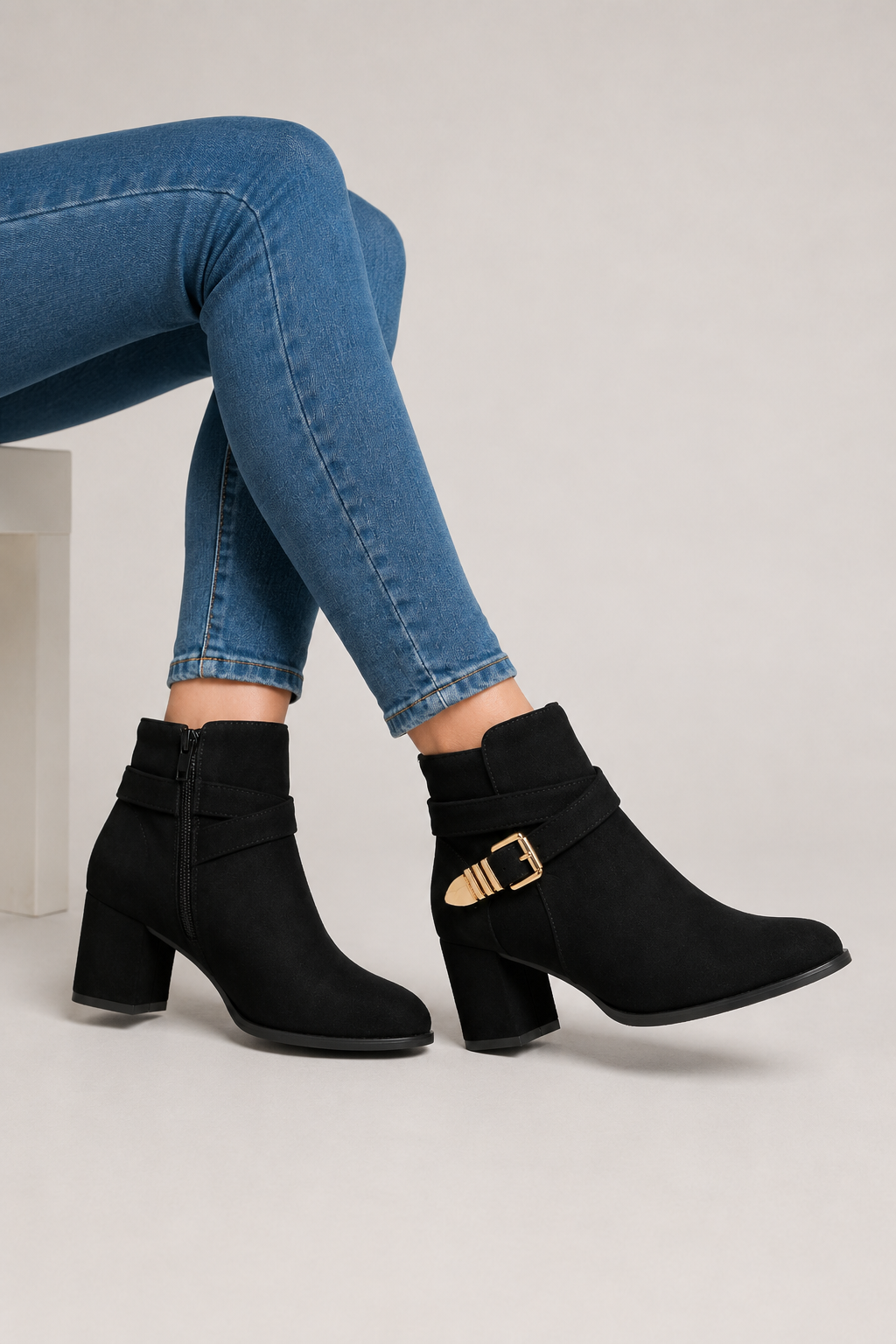Women’s Black Buckle Block Heel Ankle Boots