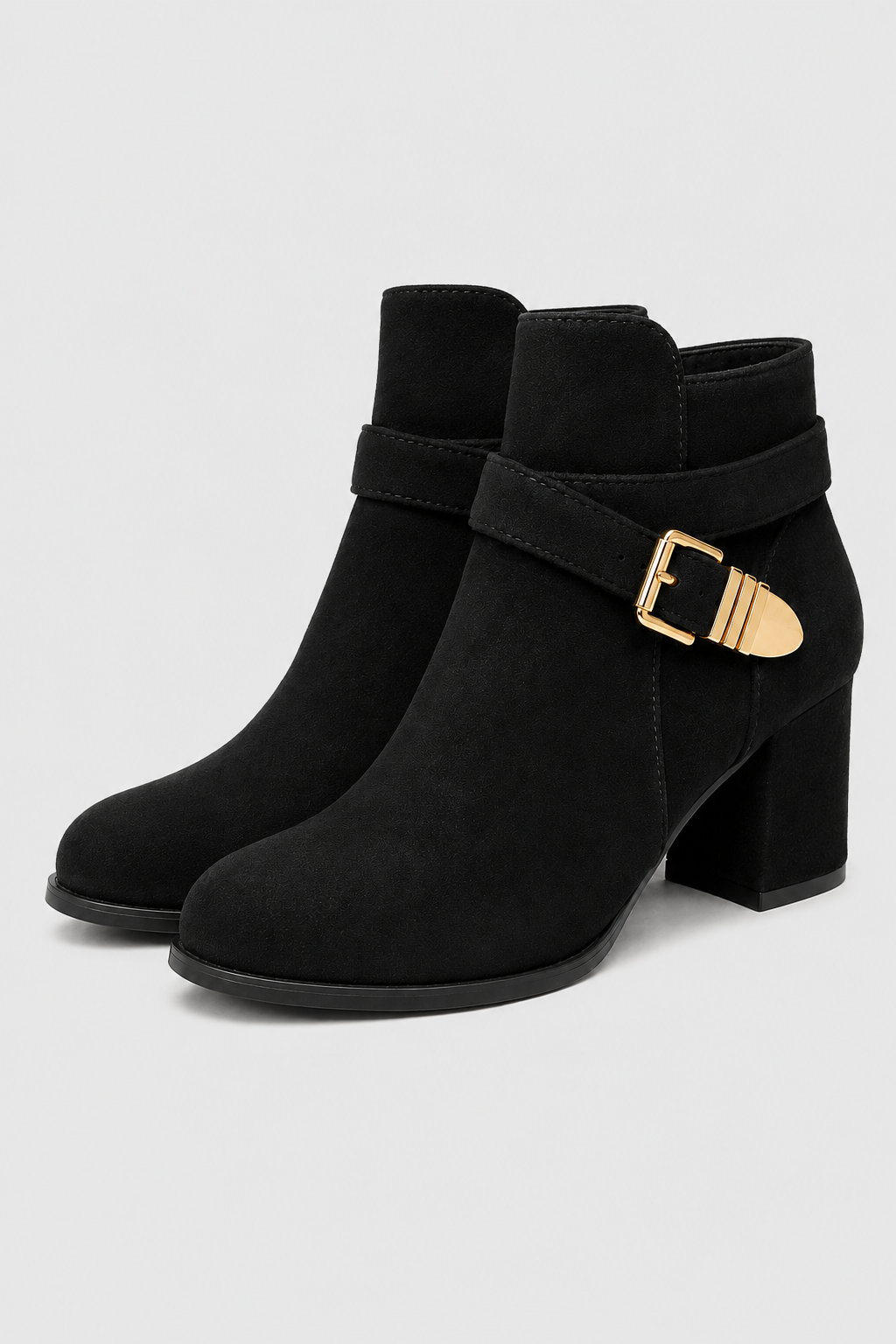 Women’s Black Buckle Block Heel Ankle Boots