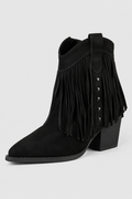 Women’s Black Fringed Western Ankle Boots – Sleek Pointed Toe Cowboy Booties