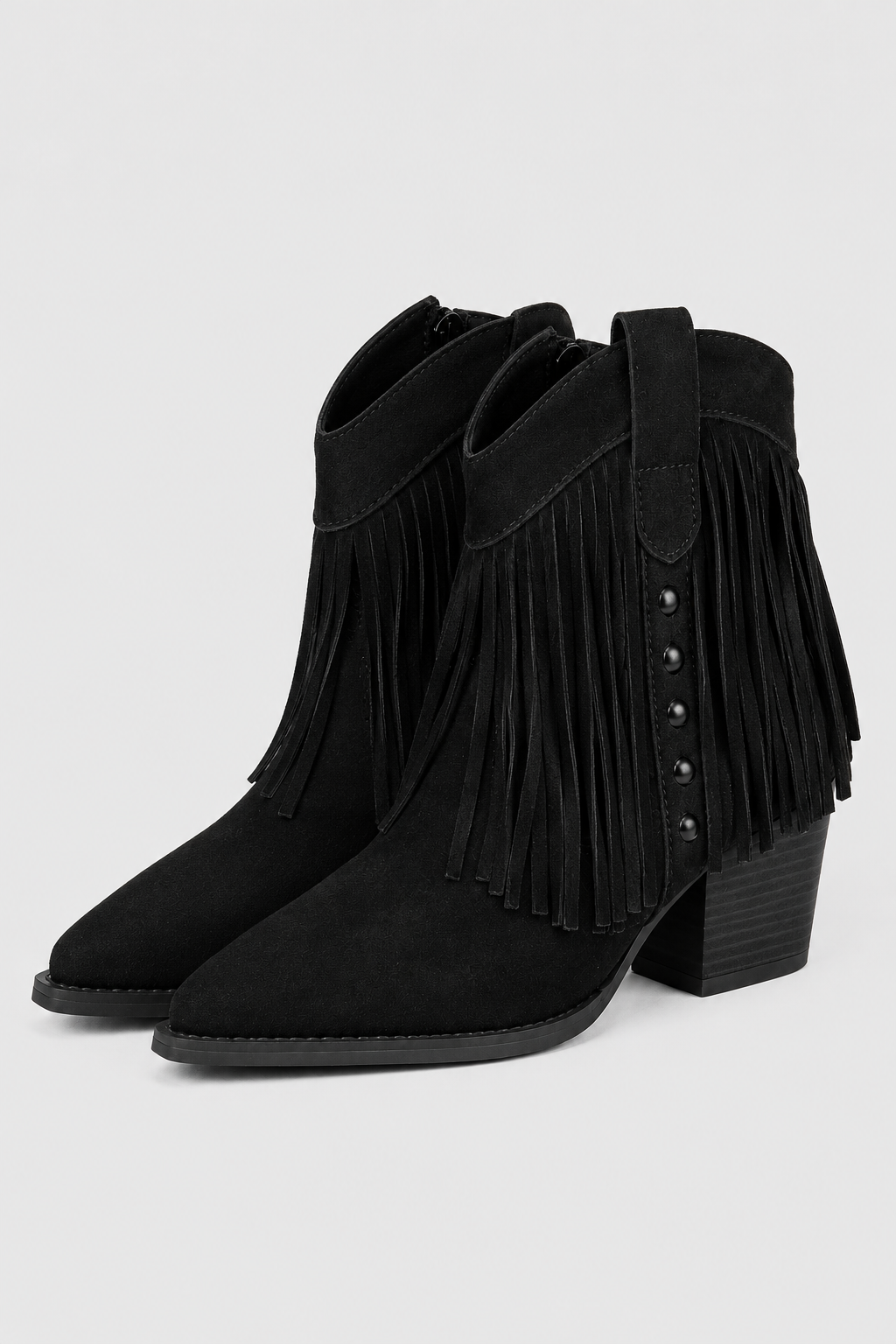 Women’s Black Fringed Western Ankle Boots – Sleek Pointed Toe Cowboy Booties