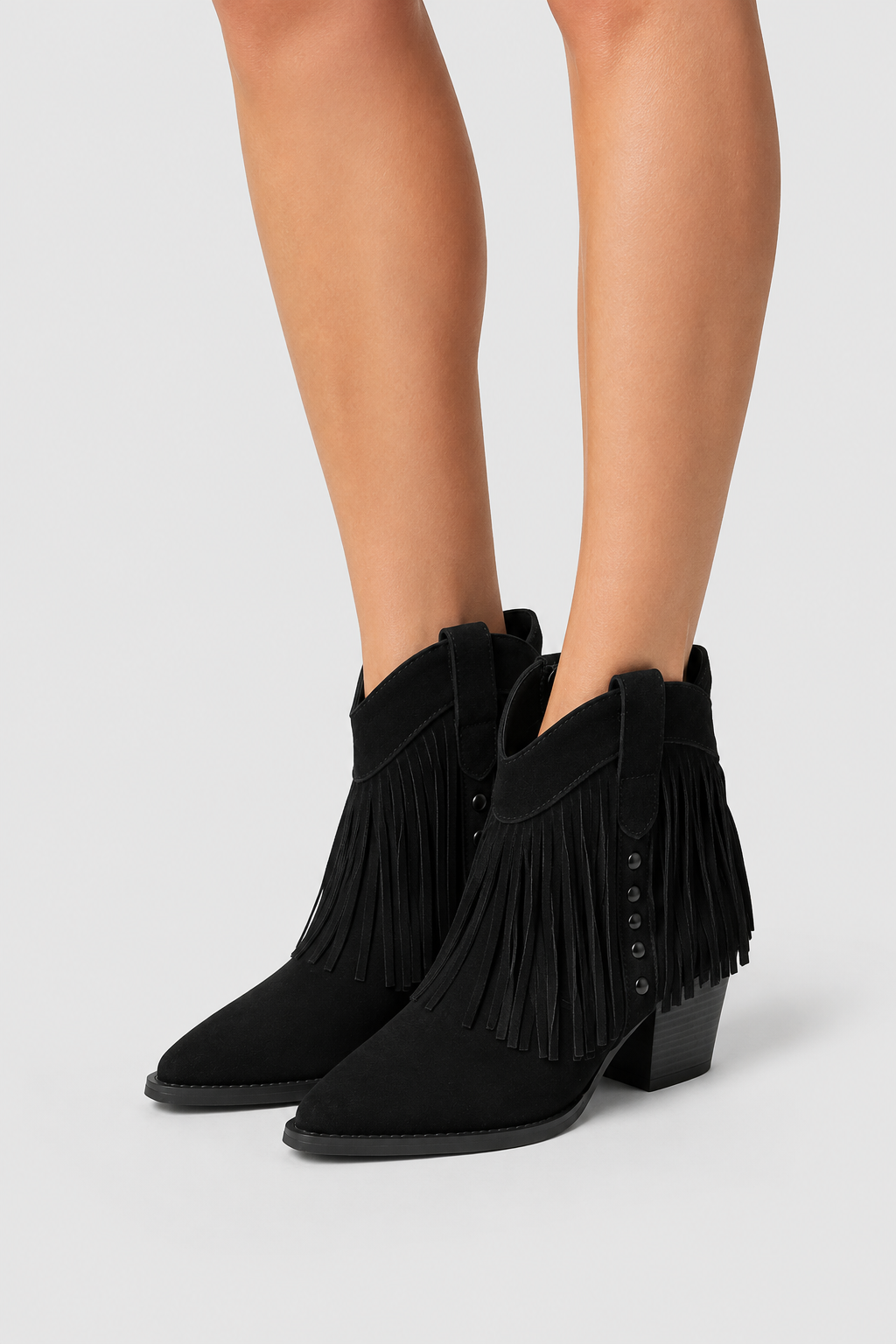 Women’s Black Fringed Western Ankle Boots – Sleek Pointed Toe Cowboy Booties