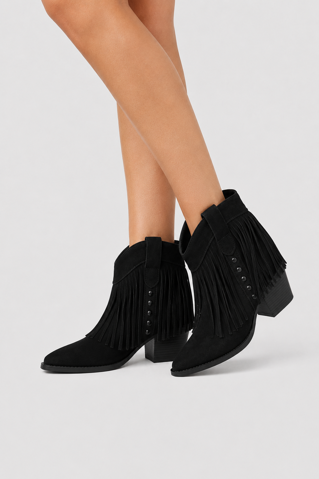 Women’s Black Fringed Western Ankle Boots – Sleek Pointed Toe Cowboy Booties