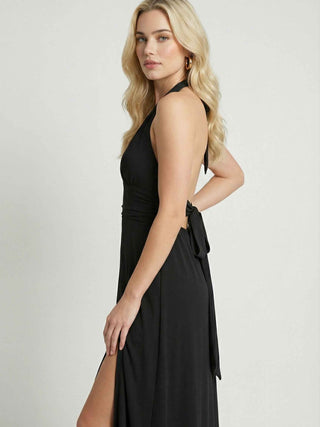 Women's Black Halter Neck Maxi Dress - Elegant & Flowy Summer Evening Gown