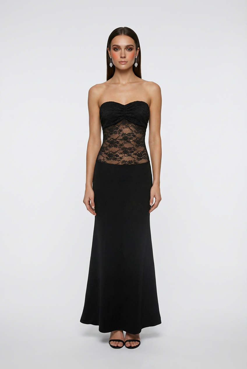 Evening Dress : Women's Black Strapless Dress – Sophisticated Sheer Lace Evening Dress in van Vanda Liamo