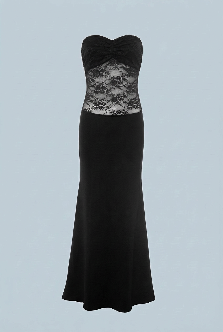 Evening Dress : Women's Black Strapless Dress – Sophisticated Sheer Lace Evening Dress in Black van Vanda Liamo