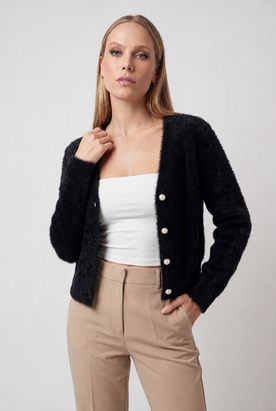 Cardigan : Women's Black V-Neck Knit Cardigan Sweater - Soft & Lightweight in van Vanda Liamo