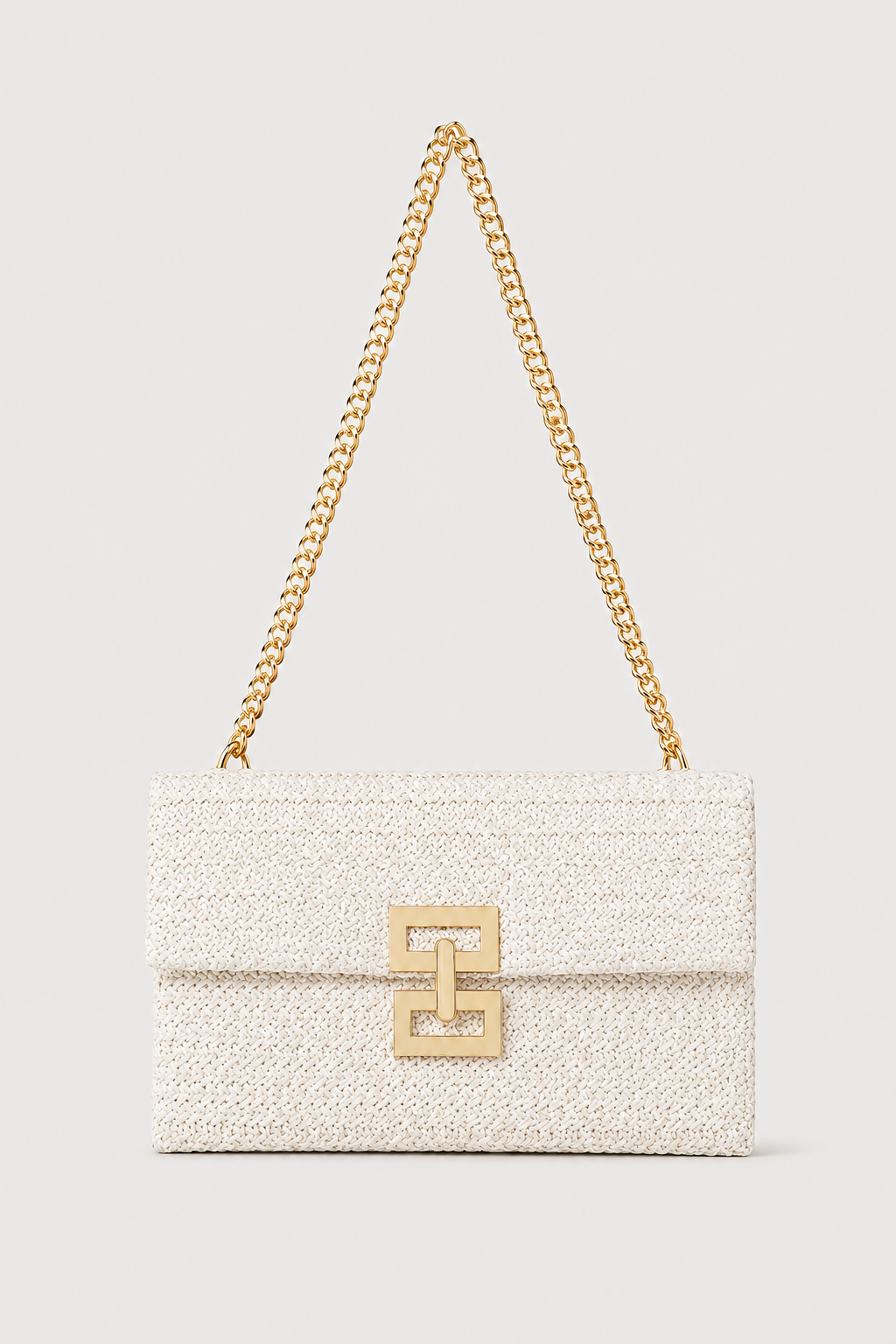 Schoudertas : Women's Woven Shoulder Bag with Gold Chain Strap in Beige van Vandaliamo