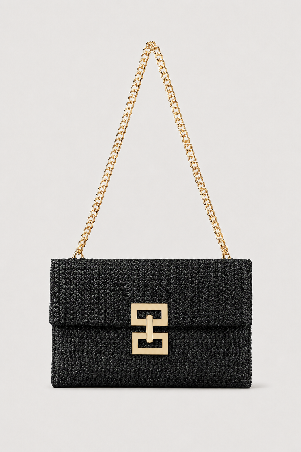 Schoudertas : Women's Woven Shoulder Bag with Gold Chain Strap in Black van Vandaliamo