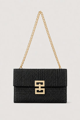 Schoudertas : Women's Woven Shoulder Bag with Gold Chain Strap - Premium Quality, Fast Shipping in Black van Vandaliamo