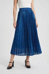 Falda midi plisada azul de talle alto en línea A para mujer - tallas S-XL