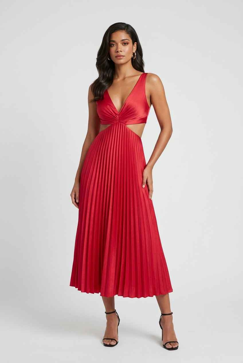 Maxi Dresses : Women’s Bold Red Pleated Dress – Striking Elegance for Memorable Nights in van Vanda Liamo