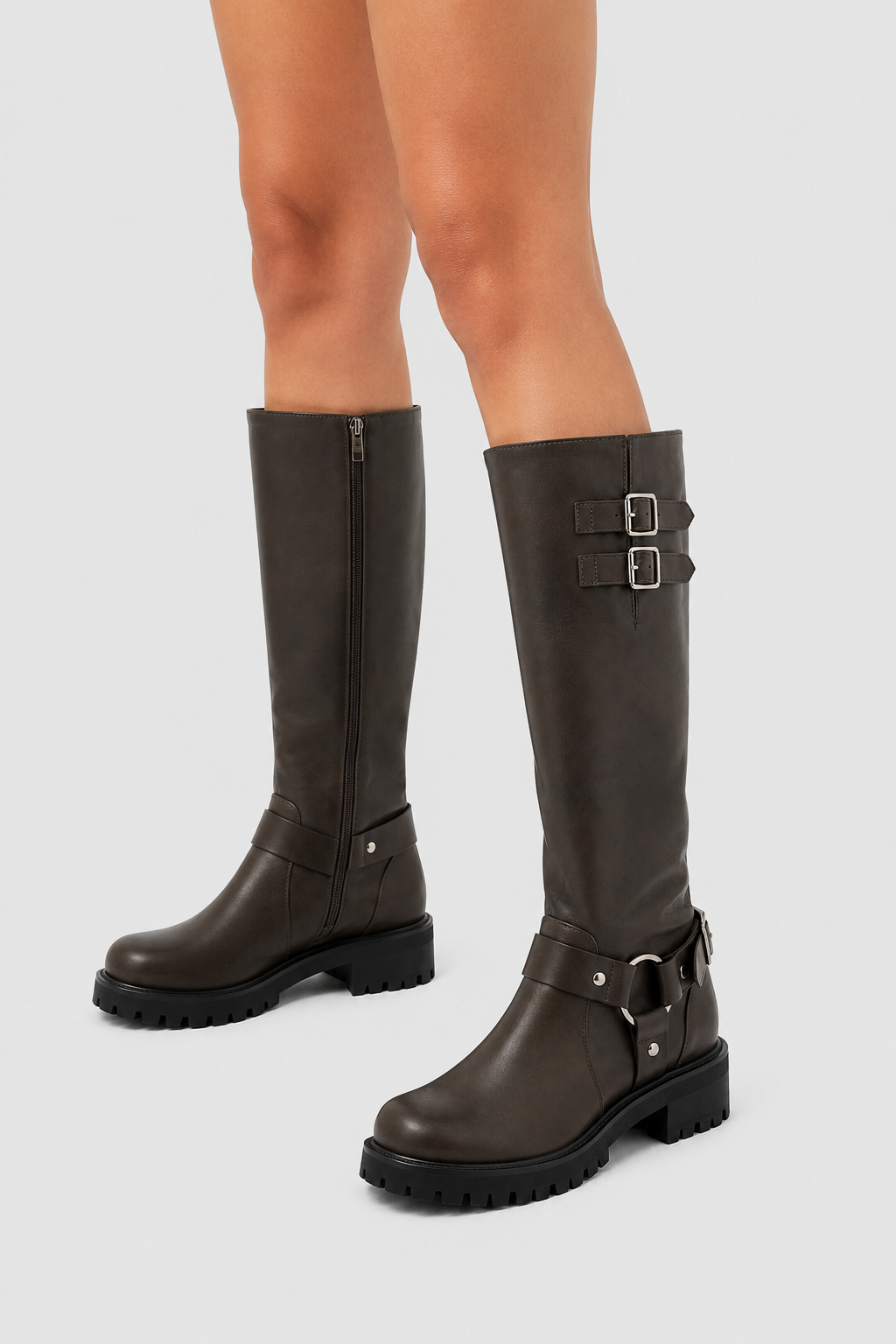 Women’s Brown Harness Lug Sole Knee-High Boots
