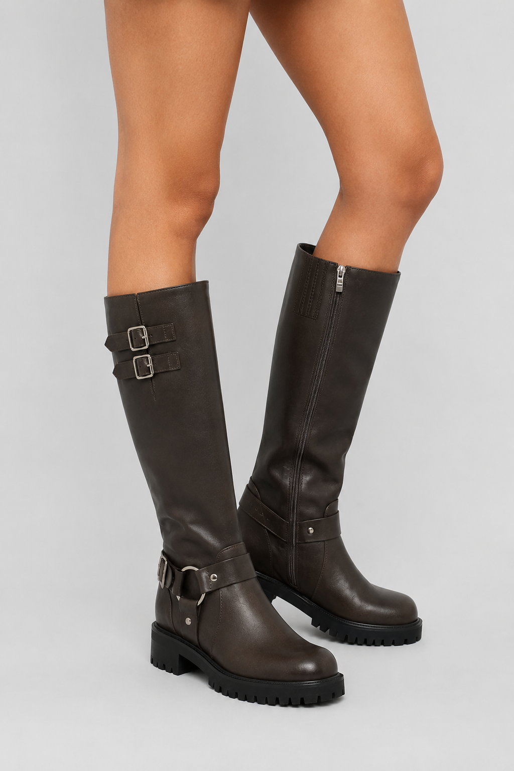 Women’s Brown Harness Lug Sole Knee-High Boots