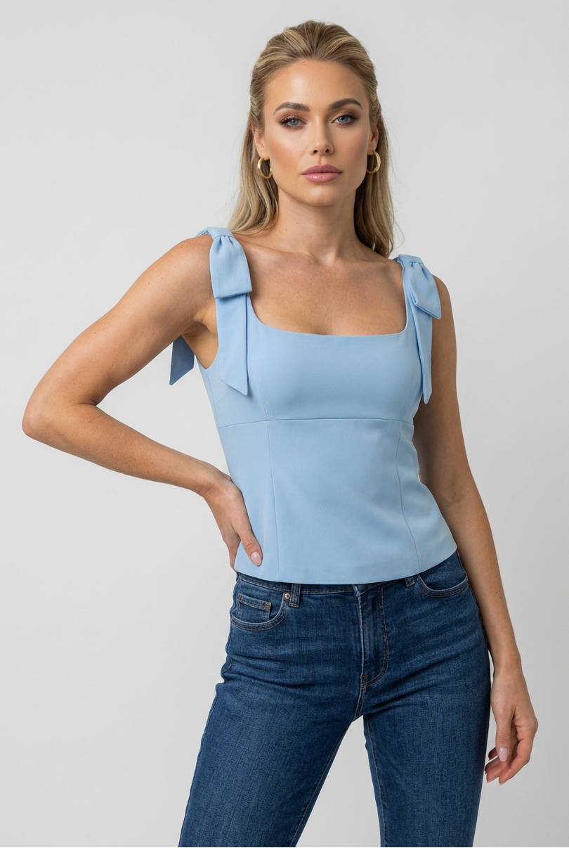 Women's Tops : Women's Slim Fit Blue Cami Top with Bow Detail - Sleeveless & Lightweight in van Vanda Liamo