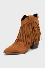 Women’s Cognac Fringed Western Ankle Boots – Tan Pointed Toe Cowboy Booties