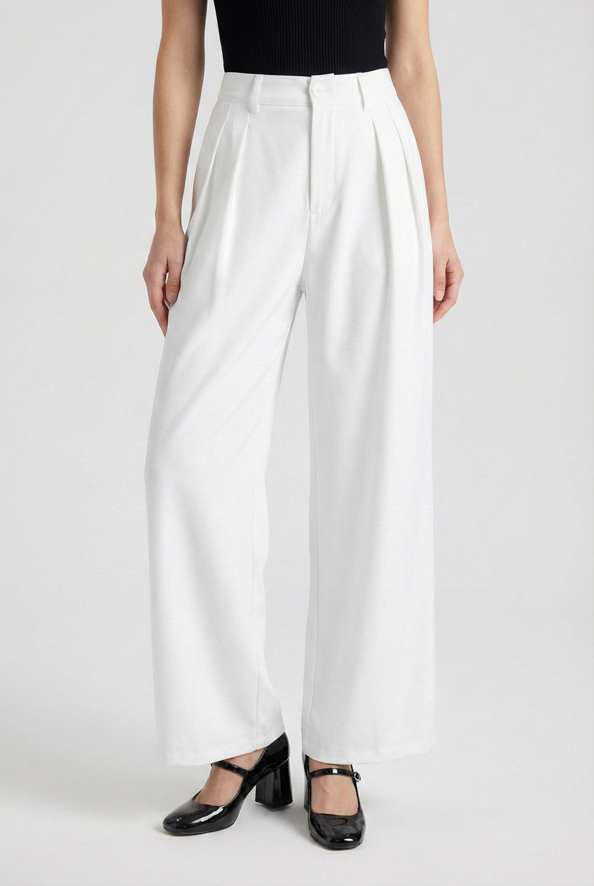 Pants : Women's High-Waisted White Pleated Pants in van Vanda Liamo