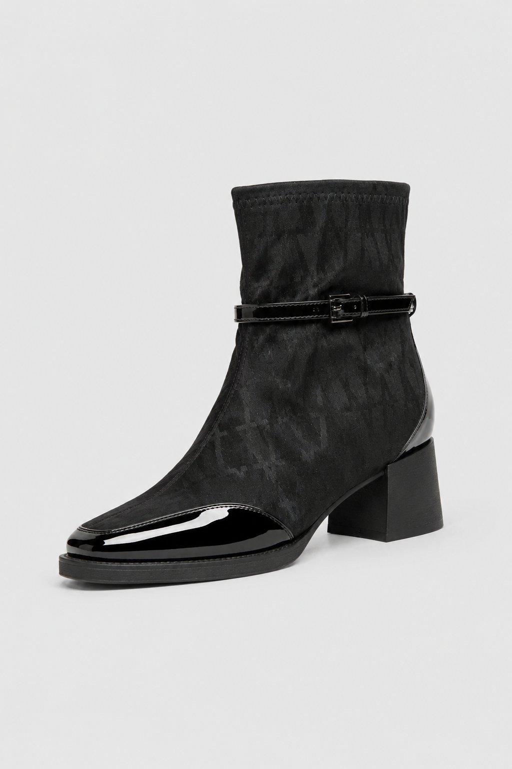 Women’s Patent Toe Buckle Sock Ankle Boots – Mid Block Heel Dress Booties