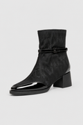 Women’s Patent Toe Buckle Sock Ankle Boots – Mid Block Heel Dress Booties
