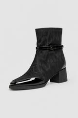 Women’s Patent Toe Buckle Sock Ankle Boots – Mid Block Heel Dress Booties