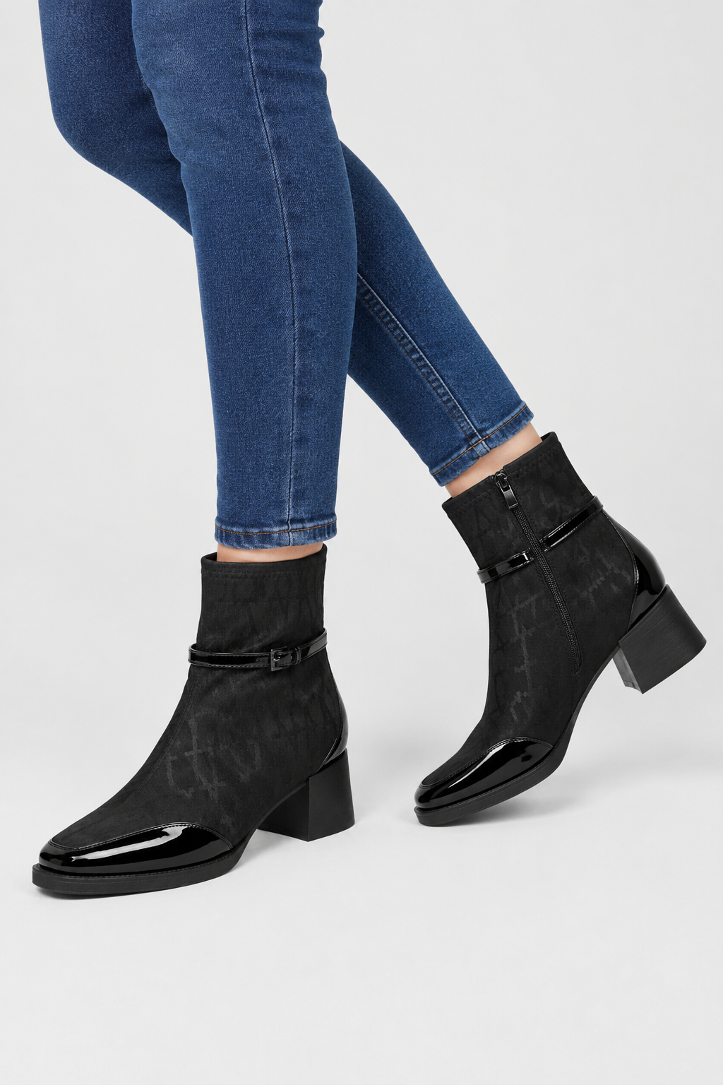 Women’s Patent Toe Buckle Sock Ankle Boots – Mid Block Heel Dress Booties
