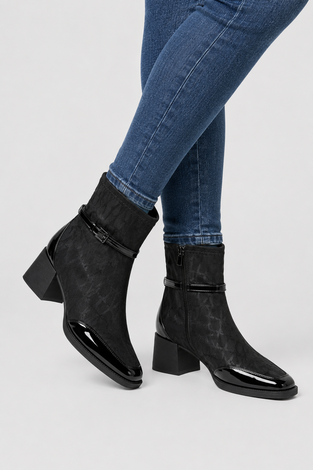 Women’s Patent Toe Buckle Sock Ankle Boots – Mid Block Heel Dress Booties