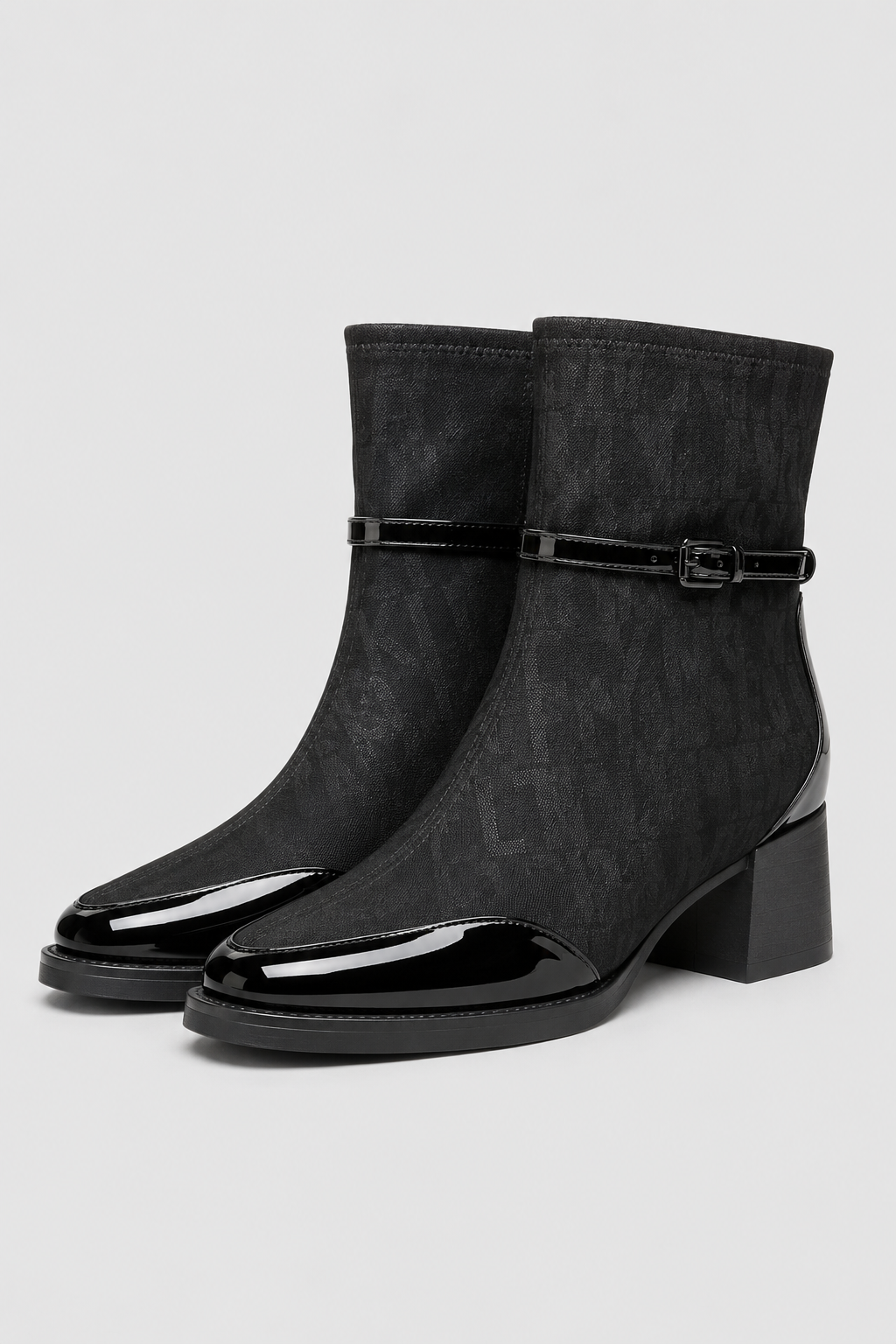 Women’s Patent Toe Buckle Sock Ankle Boots – Mid Block Heel Dress Booties