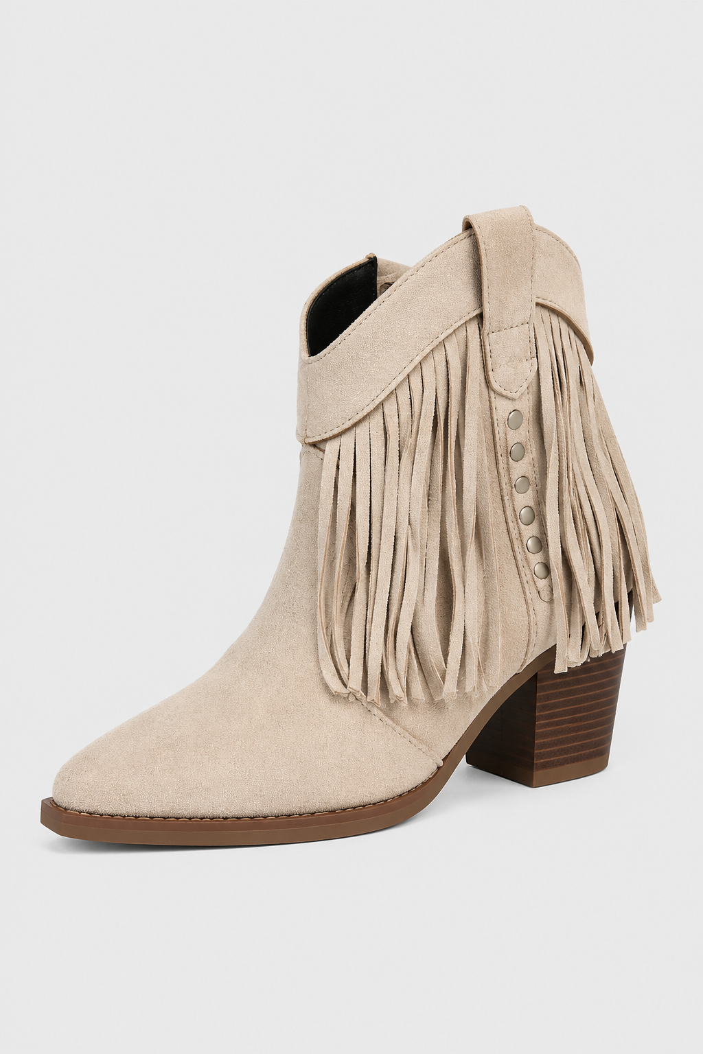 Women’s Sand Fringed Western Ankle Boots – Beige Pointed Toe Cowboy Booties